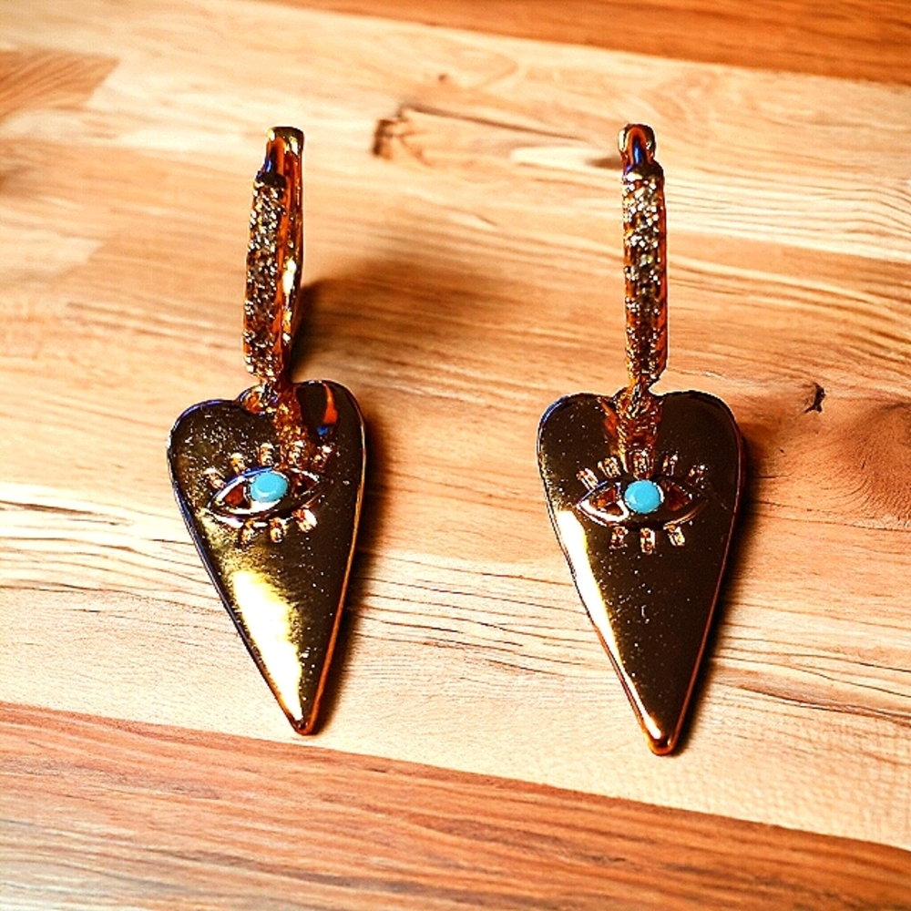 14K Gold Plated & CZ "Evil Eye" Huggie Hoop Earrings - Picture 3 of 5